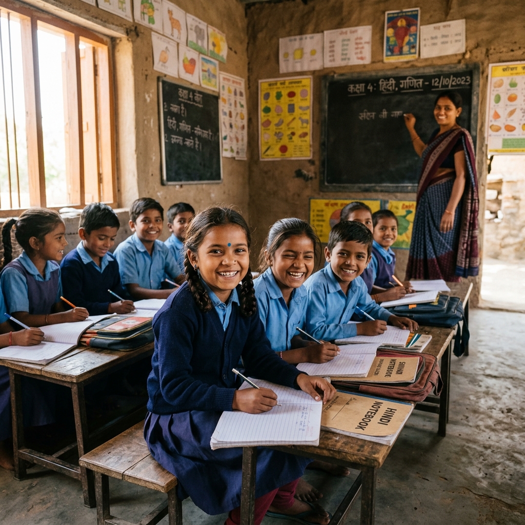Happy school children studying in a local classroom
