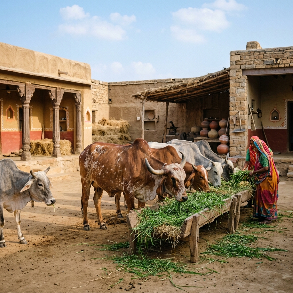 Healthy cows feeding in our shelter courtyard