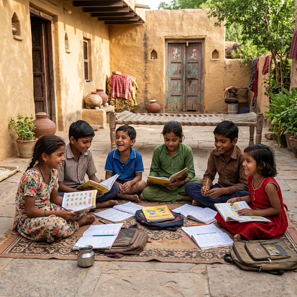 Happy local children reading and learning