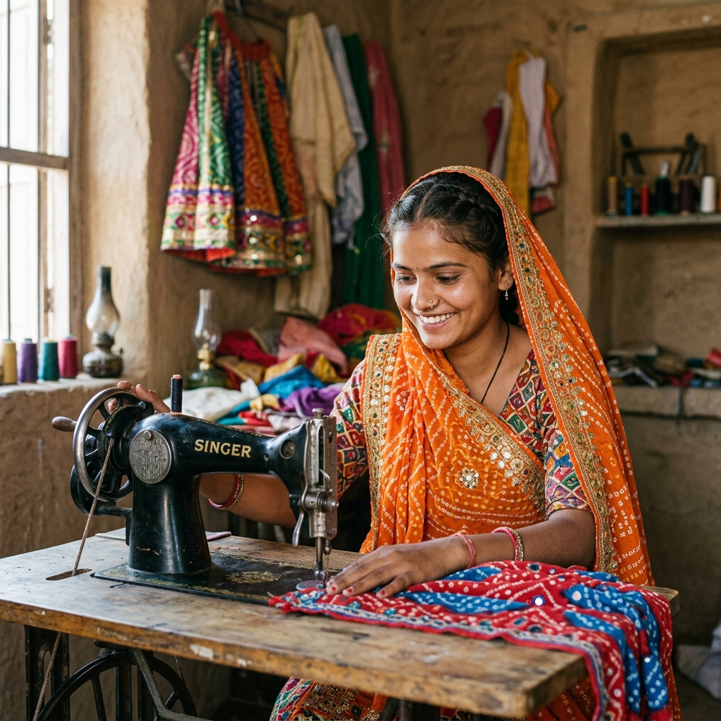 Young Rajasthani girl learning stitching on a sewing machine in a village workshop